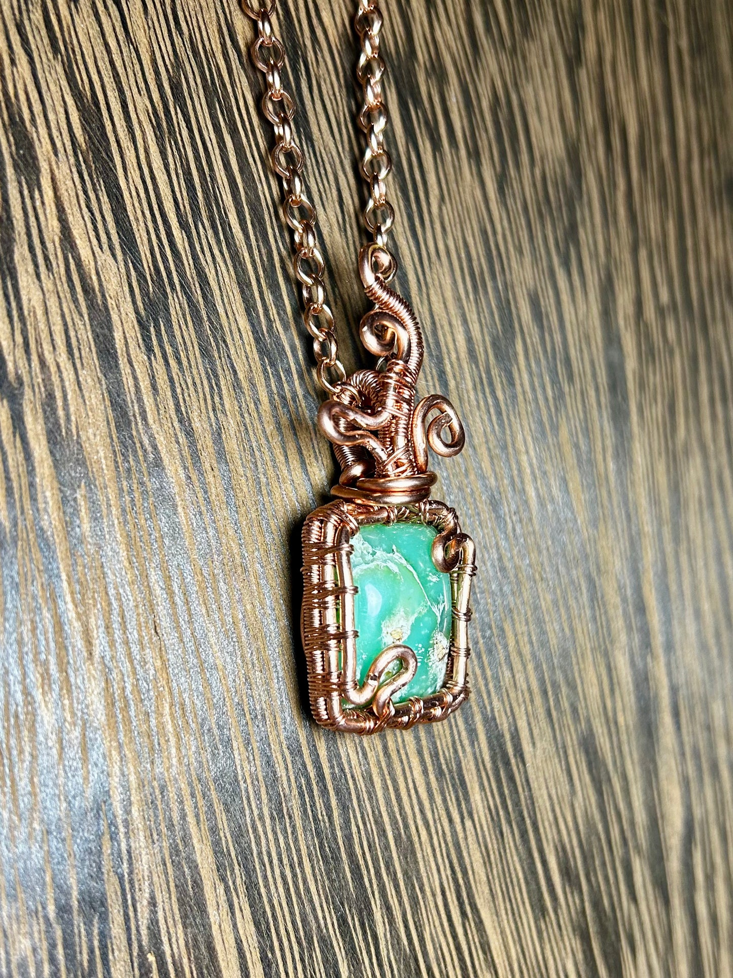 Chrysoprase Wrapped In Copper Wiring