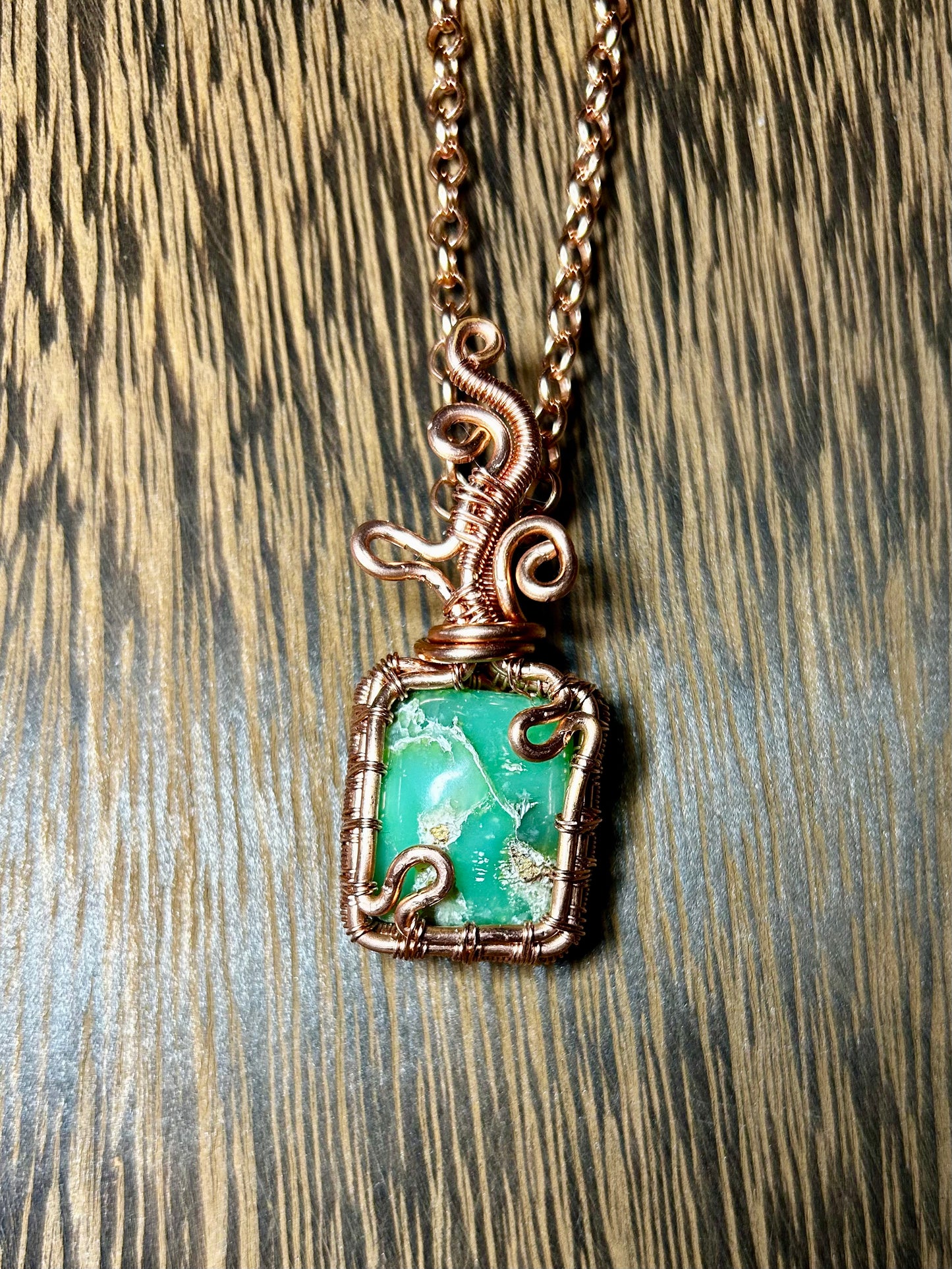 Chrysoprase Wrapped In Copper Wiring