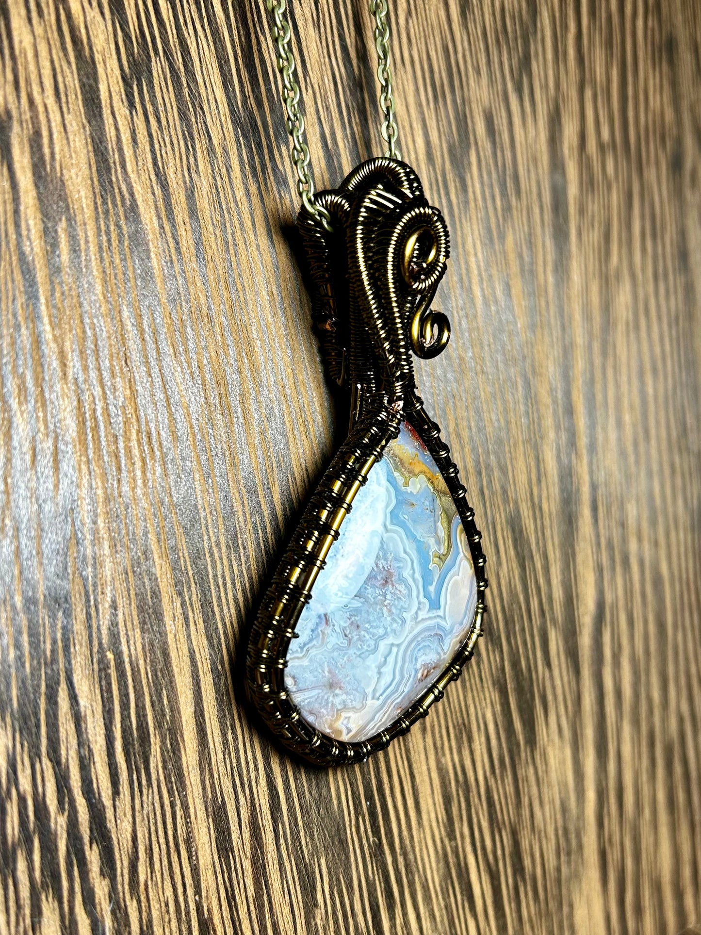 Laguna Lace Agate Wrapped In Antique Bronze Coated Copper Wire