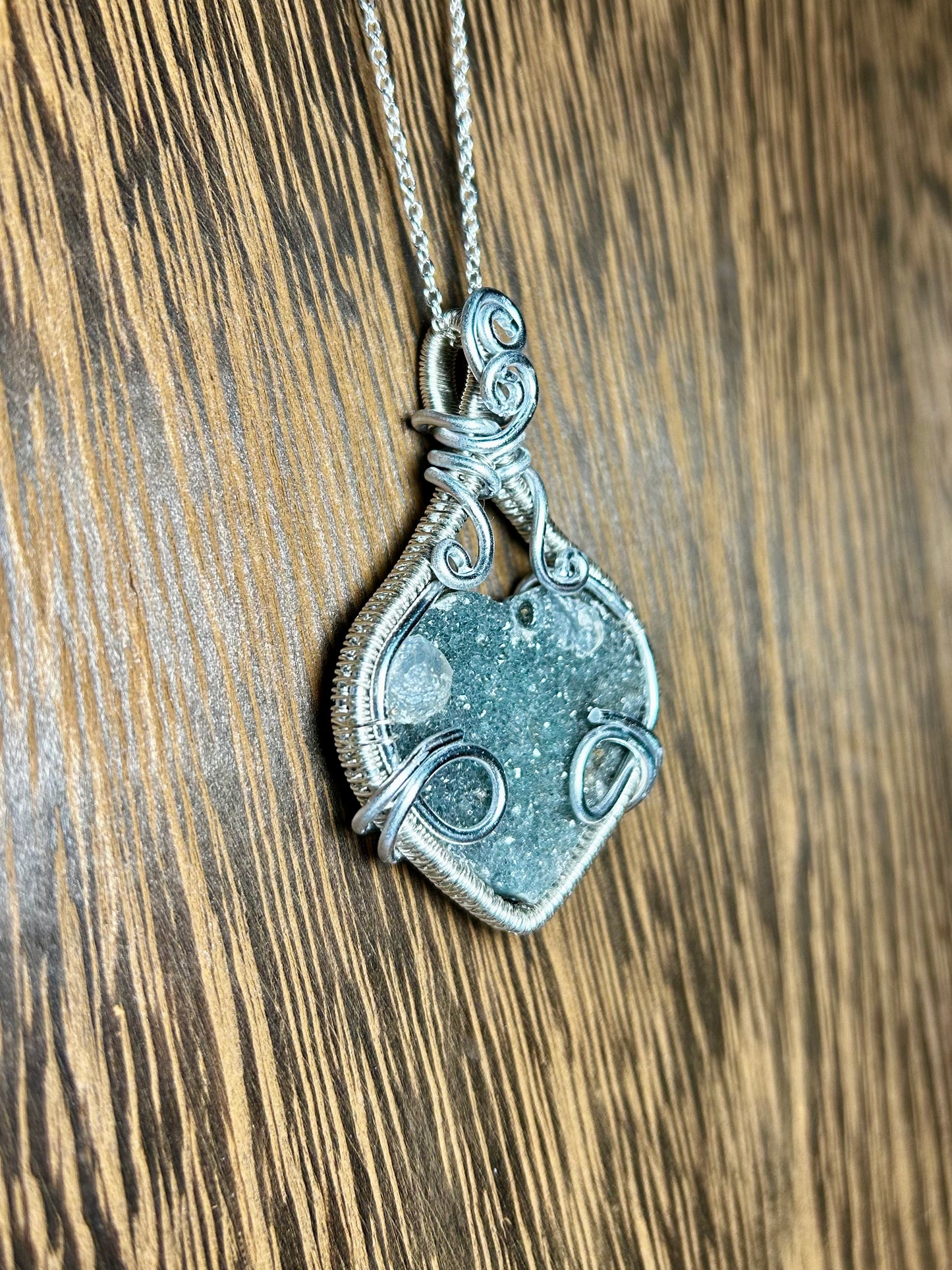 Druzy Heart Wrapped In Silver Colored Wiring