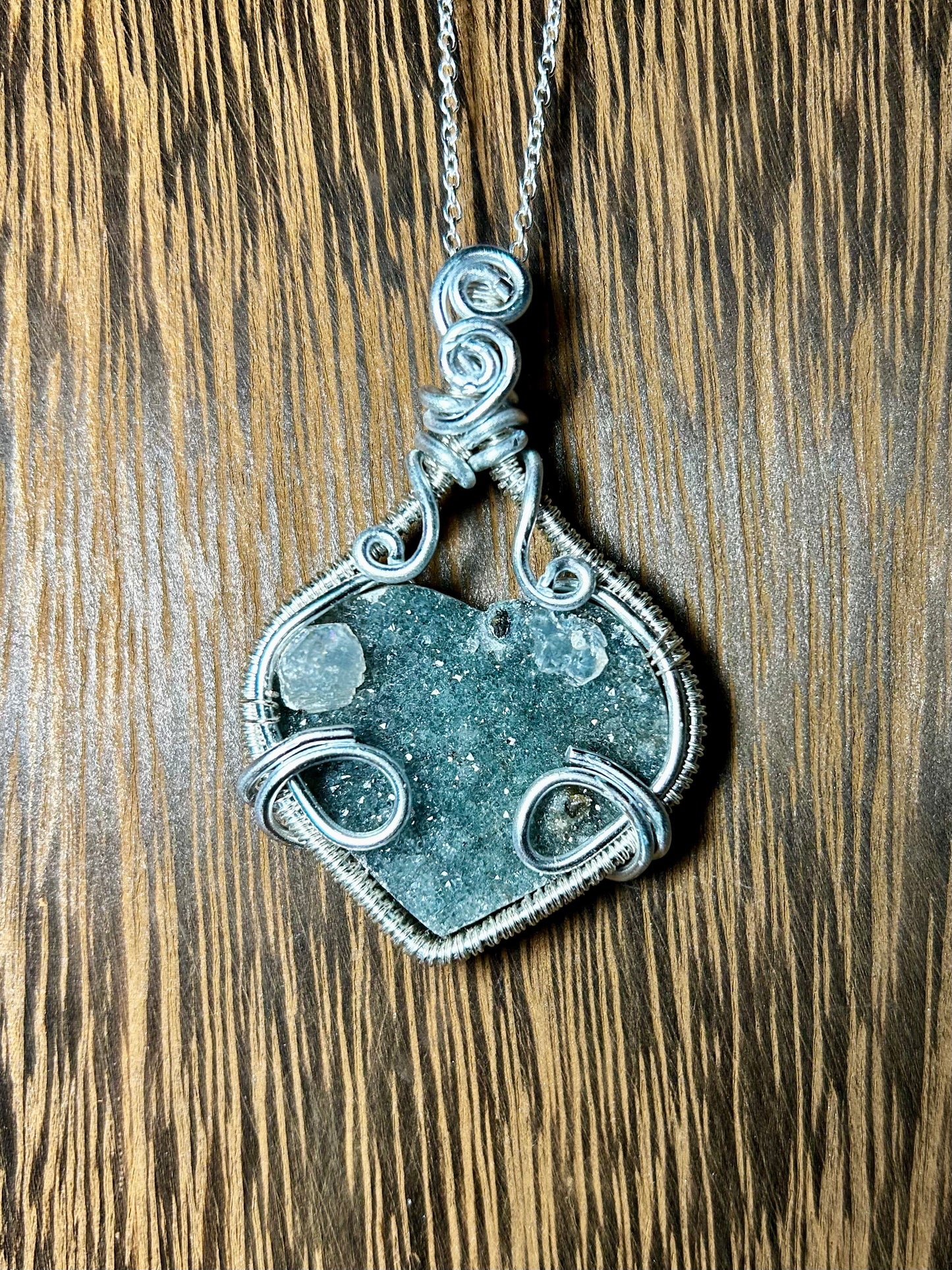 Druzy Heart Wrapped In Silver Colored Wiring