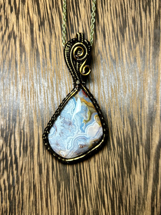 Laguna Lace Agate Wrapped In Antique Bronze Coated Copper Wire